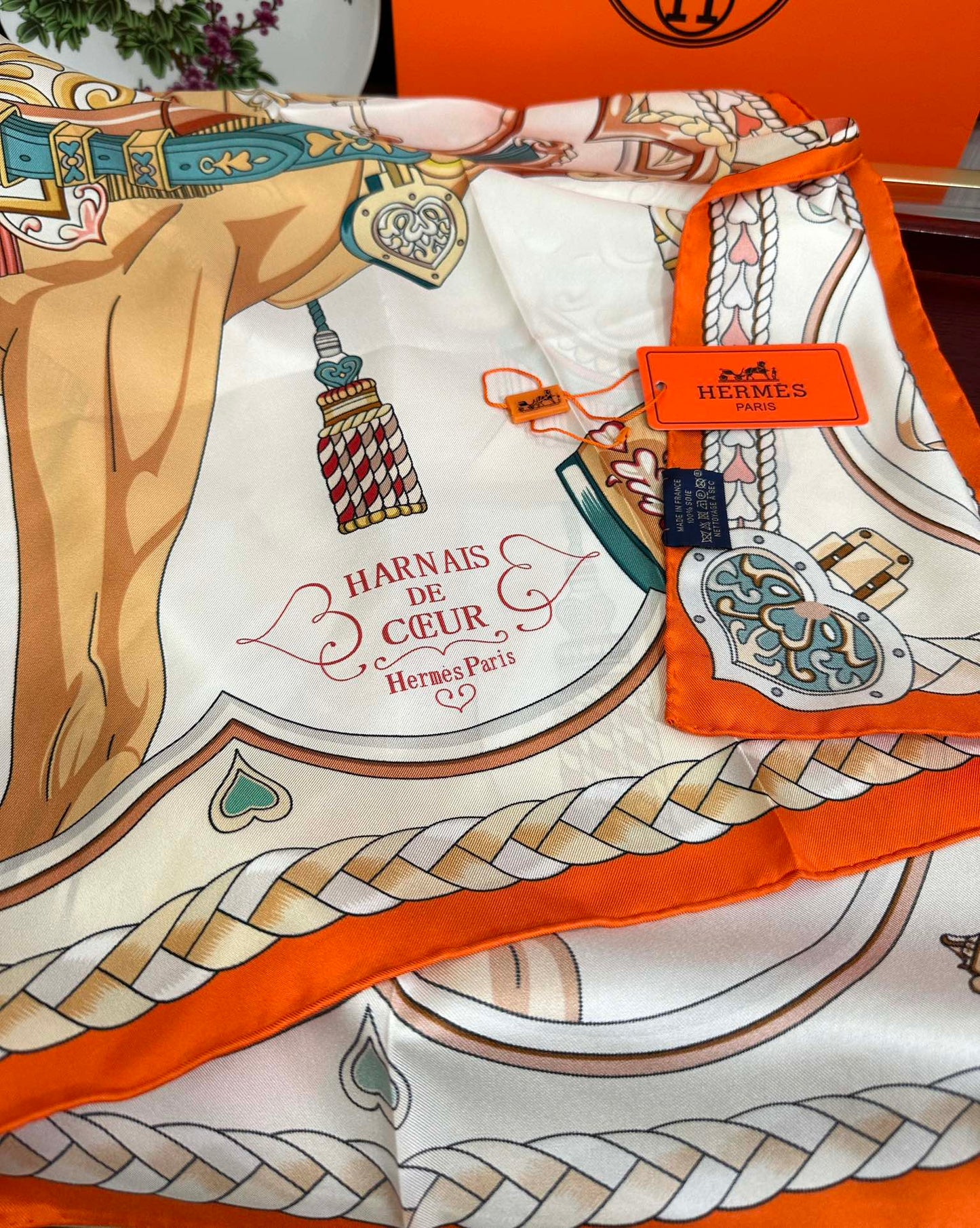 Carré Harnais De Cœur Scarf 90 CM In Orange Colorful Silk 306470
