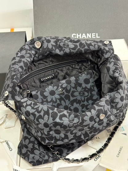 CC 22 Bag Gray Black Camellia Pattern Demin Silver Hardware 243625