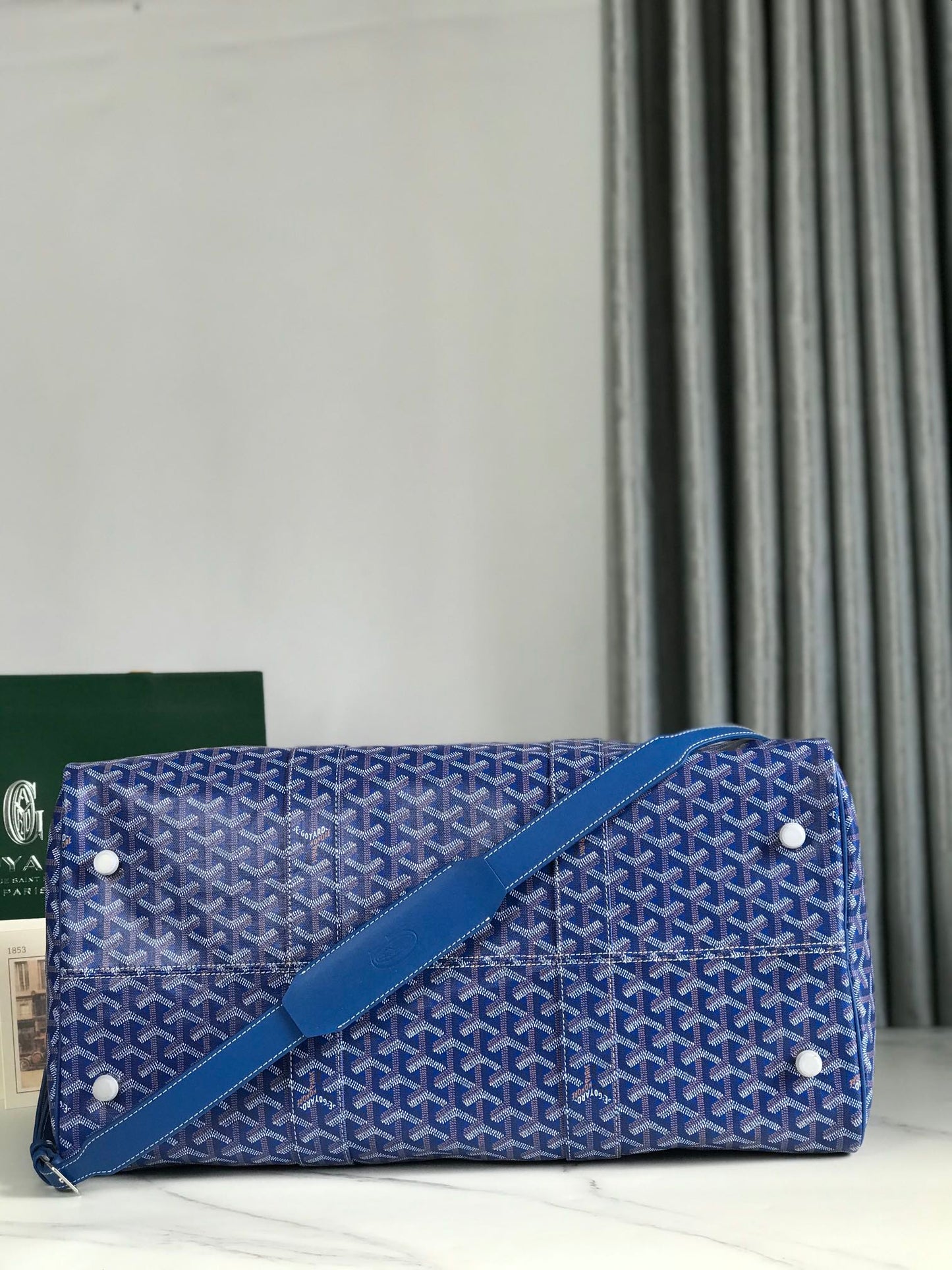 BOSTON 50 BAG IN SAPPHIRE BLUE GOYARDINE CANVAS AND CALFSKIN TRIM