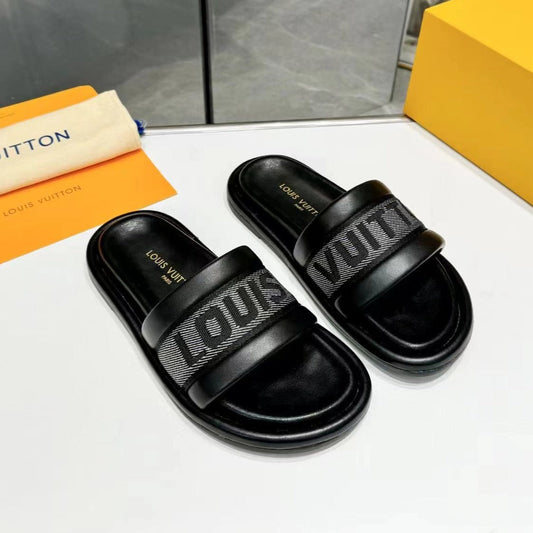 lv bliss flat mule grey canvas black calfskin
