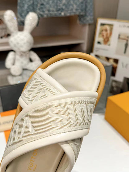 lv bliss corss sandal mule cream textile calfskin