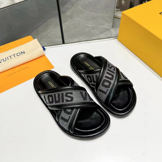 lv bliss cross sandal mule black textile calfskin
