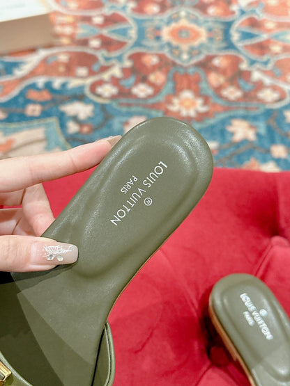 lv capri flat mule khaki green calfskin