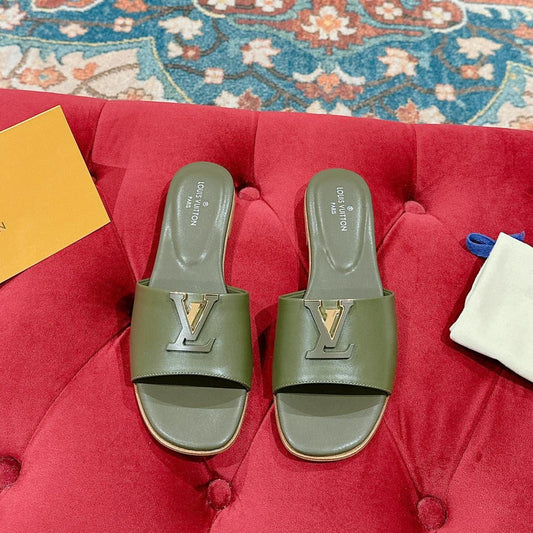 lv capri flat mule khaki green calfskin