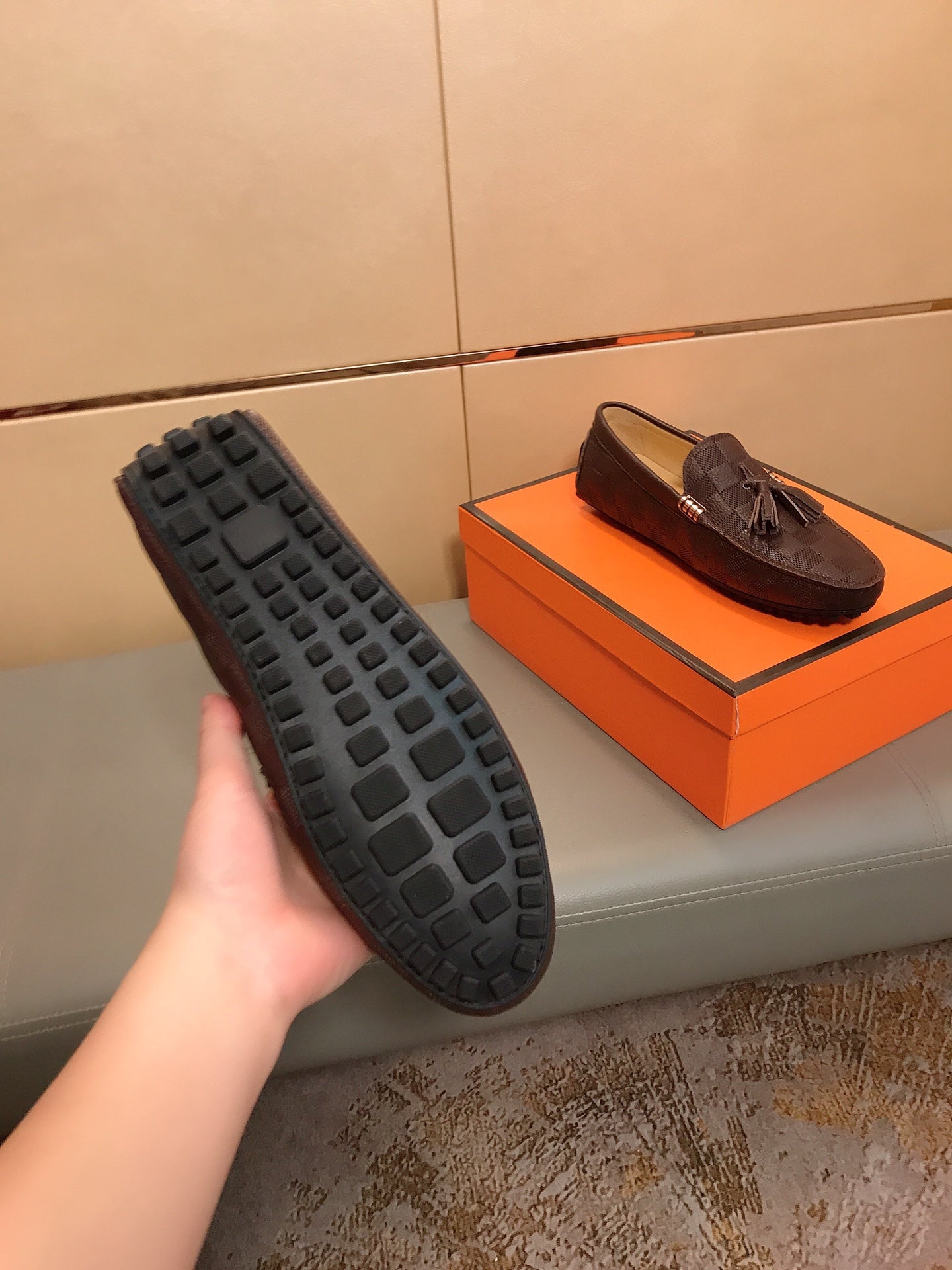 LV LOAFERS RUSSET BROWN DAMIER CALFSKIN WITH TASSEL