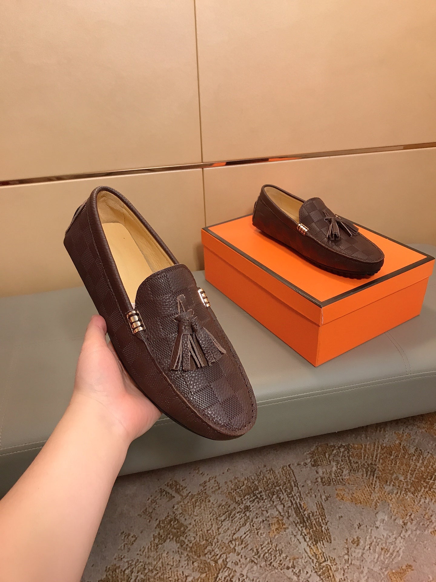 LV LOAFERS RUSSET BROWN DAMIER CALFSKIN WITH TASSEL