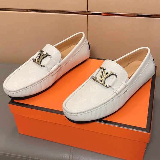 LV LOAFERS IN WHITE CALFSKIN WITH BRANDED EMBOSSING