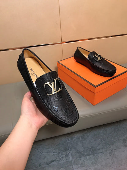 LV LOAFERS IN BLACK CALFSKIN WITH BRANDED EMBOSSING