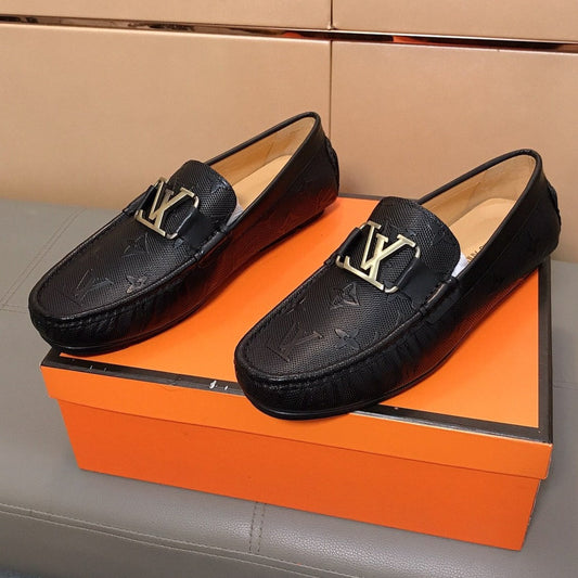 LV LOAFERS IN BLACK CALFSKIN WITH BRANDED EMBOSSING