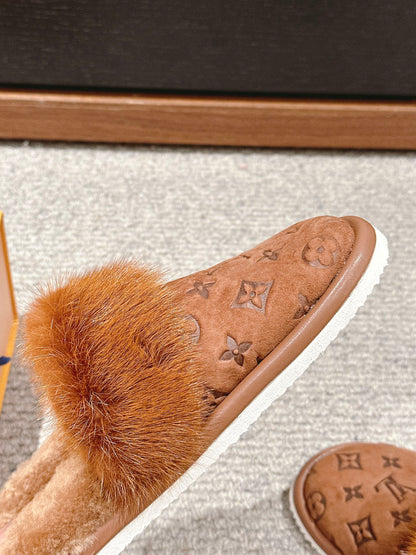 LV Flat Mule Brown With Fur Monogram Suede