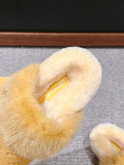 LV Flat Mule Yellow With Fur Monogram Suede