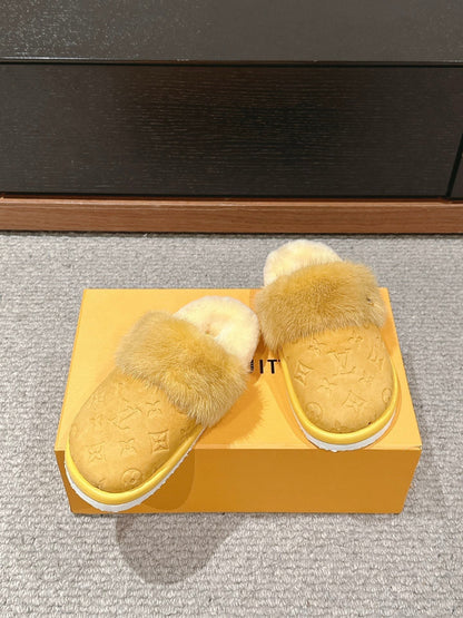 LV Flat Mule Yellow With Fur Monogram Suede