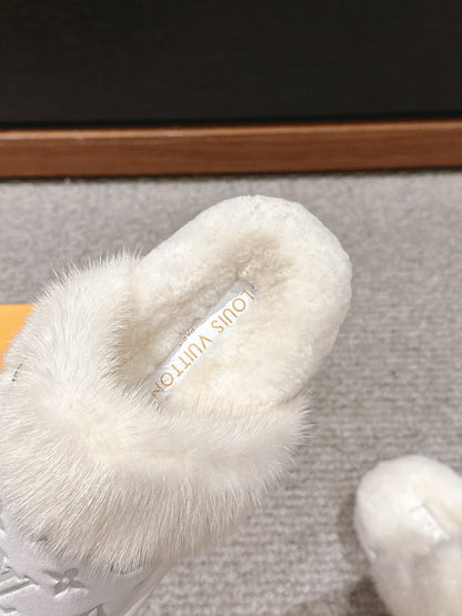 LV Flat Mule White With Fur Monogram Suede