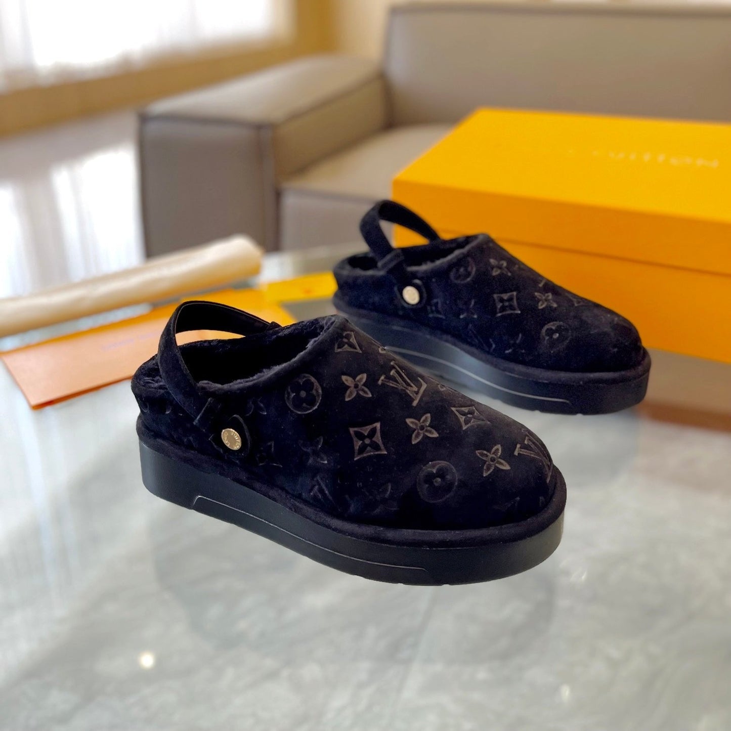 LV Aspen Platform Clog Black Monogram Suede