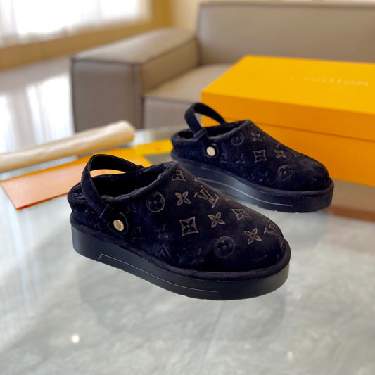LV Aspen Platform Clog Black Monogram Suede