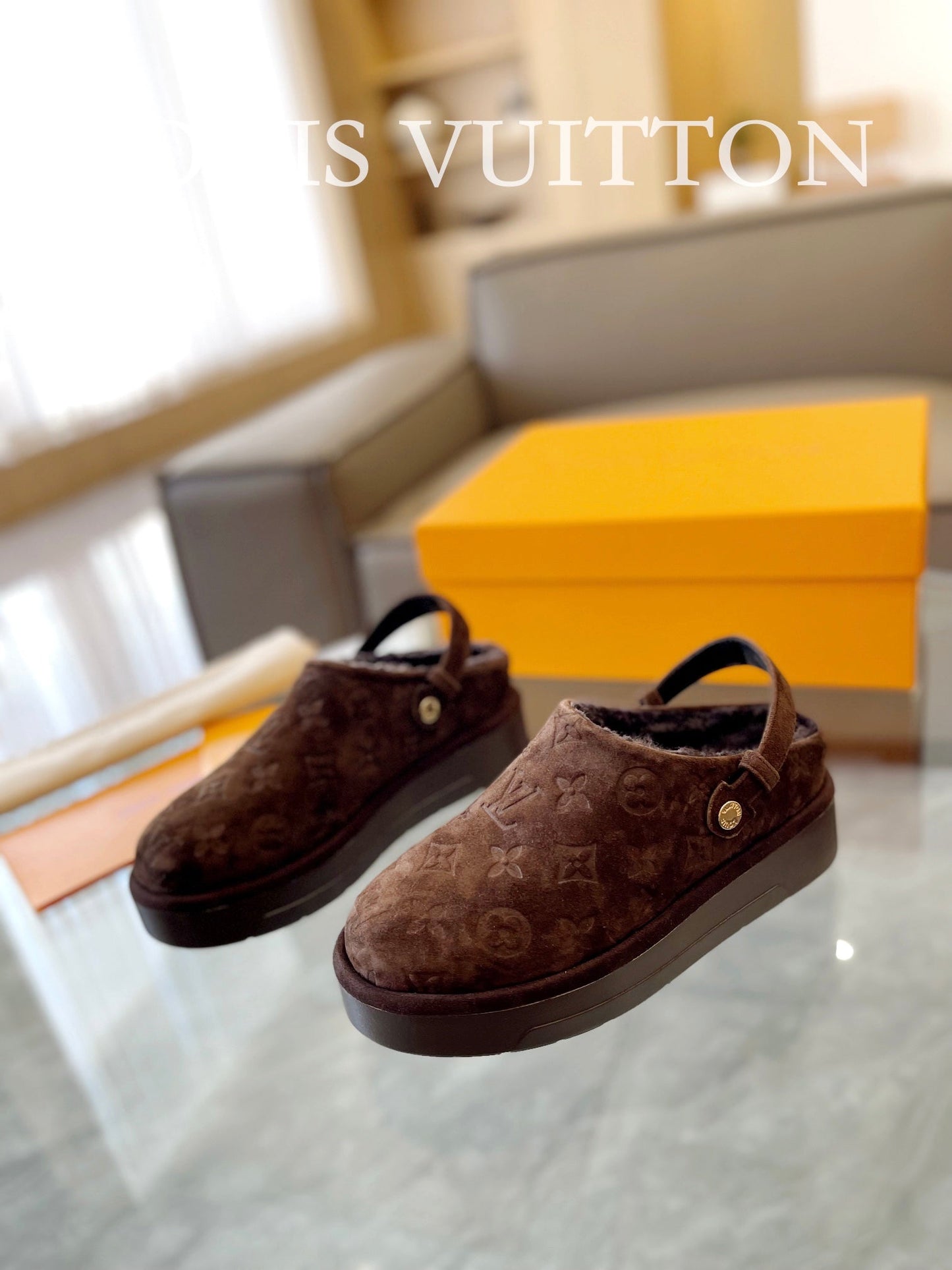LV Aspen Platform Clog Walnut Brown Monogram Suede