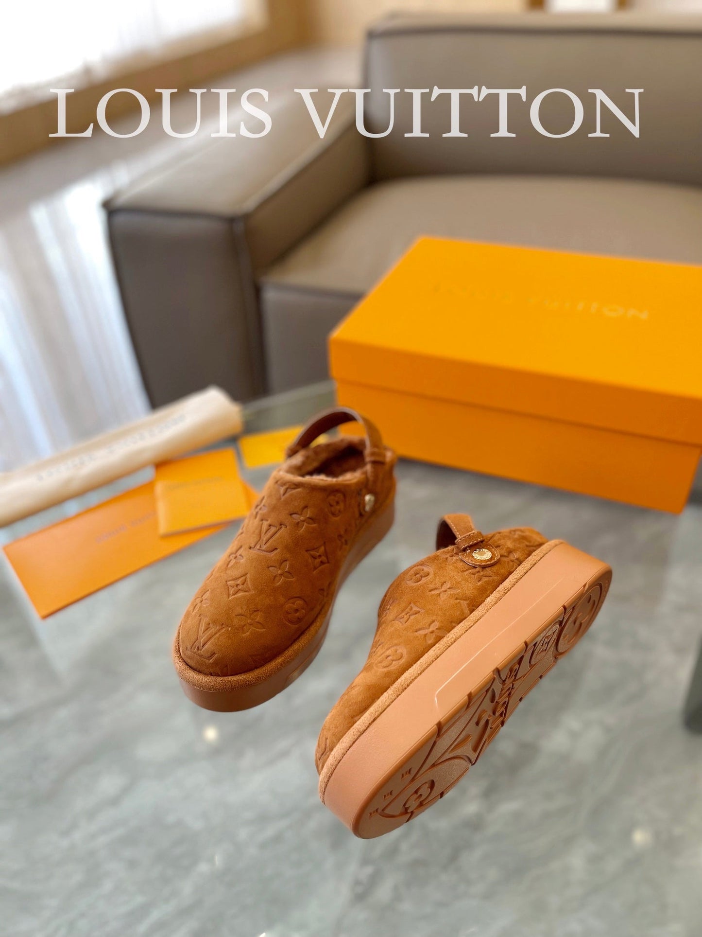 LV Aspen Platform Clog Orange Brown Monogram Suede