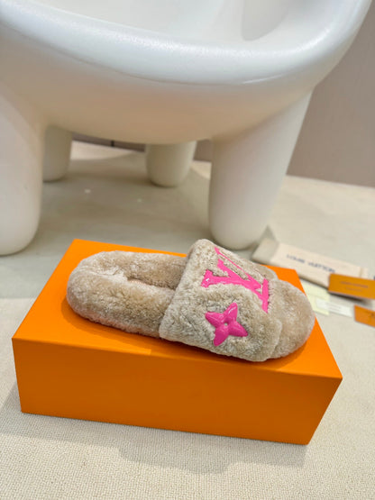 LV Fur Slippers Light Brown With Pink Text Pure Wool