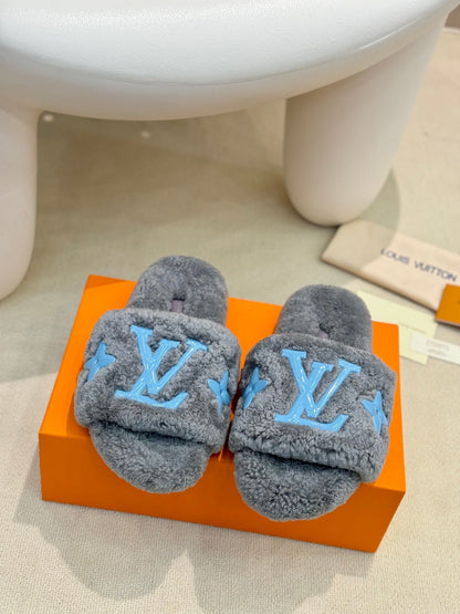 LV Fur Slippers Gray With Blue Text Pure Wool