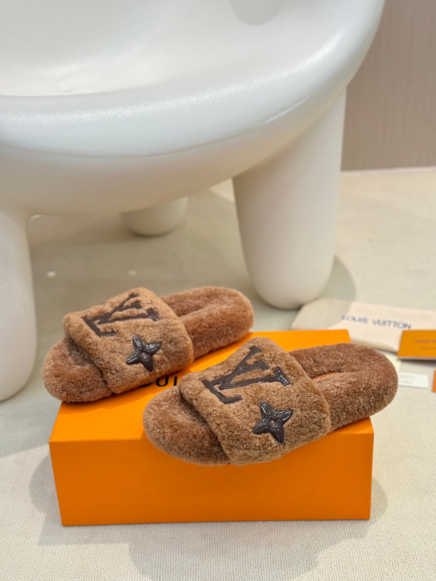 LV Fur Slippers Cocoa Brown With Black Text Pure Wool