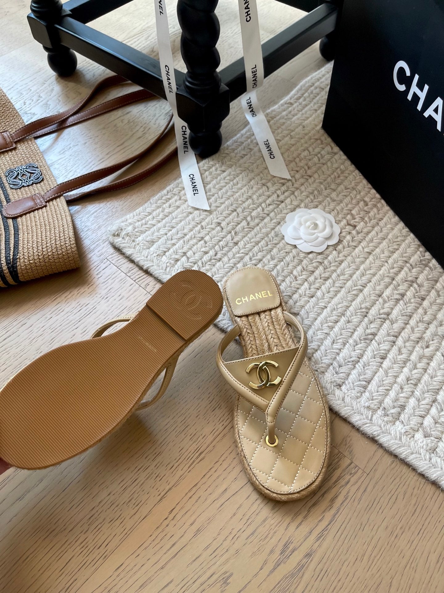 CC 25 Flip Flop Sandals Beige Calfskin Espadrilles
