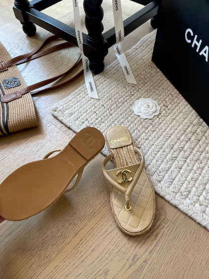 CC 25 Flip Flop Sandals Beige Calfskin Espadrilles