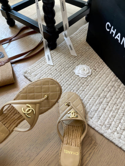 CC 25 Flip Flop Sandals Beige Calfskin Espadrilles