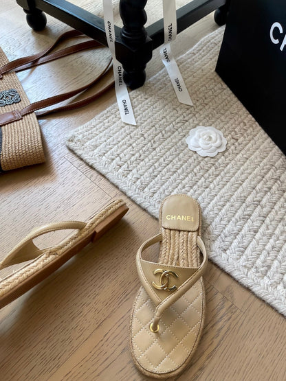 CC 25 Flip Flop Sandals Beige Calfskin Espadrilles