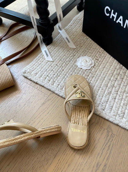 CC 25 Flip Flop Sandals Beige Calfskin Espadrilles