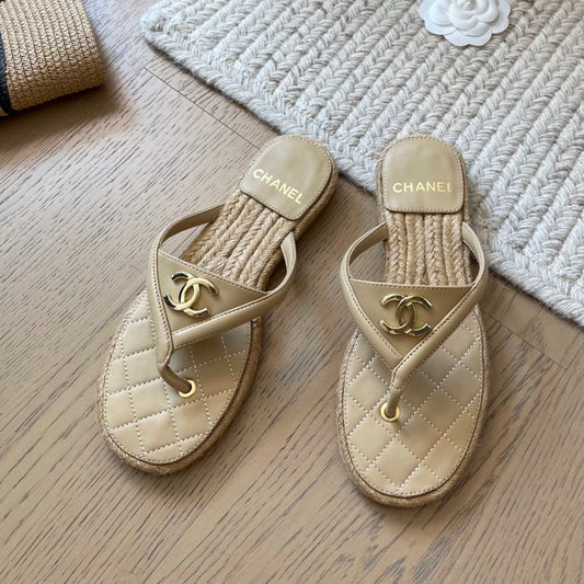 CC 25 Flip Flop Sandals Beige Calfskin Espadrilles