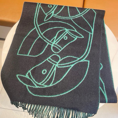 Casaque Entrelacs Equestres Scarf 195 CM Black Mix Jade Green Cashmere