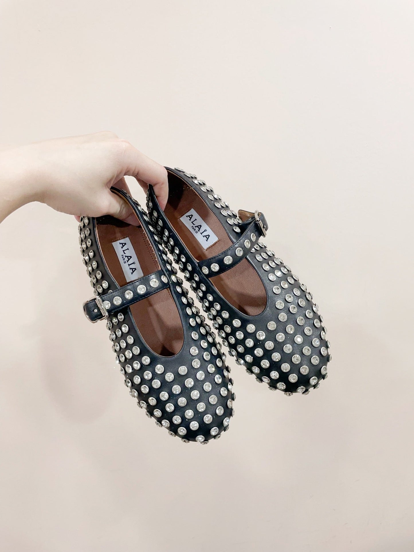ALAIA MARY JANE SHOES IN BLACK LAMBKIN ATTACH RHINSTONES
