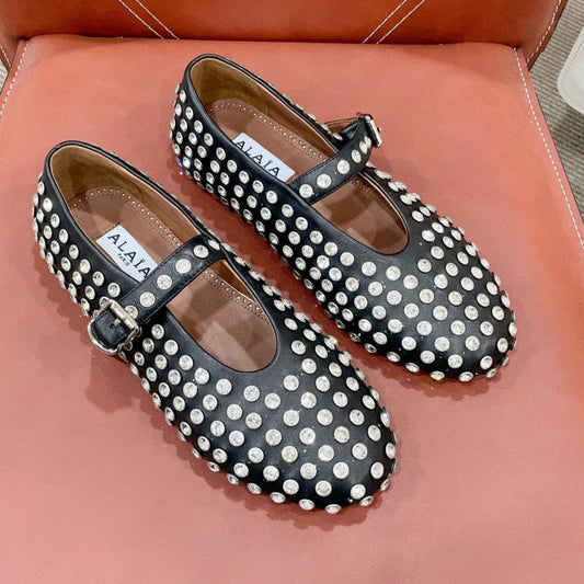 ALAIA MARY JANE SHOES IN BLACK LAMBKIN ATTACH RHINSTONES
