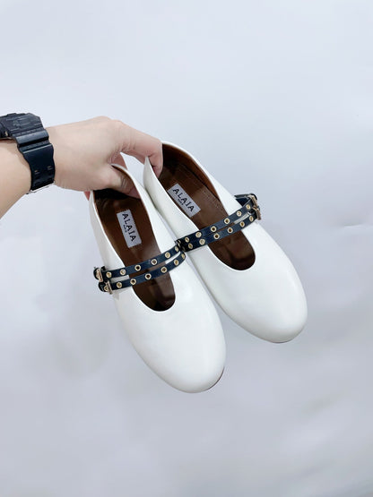ALAIA MARY JANE SHOES IN WHITE LAMBSKIN WITH GOLD HARDWARE