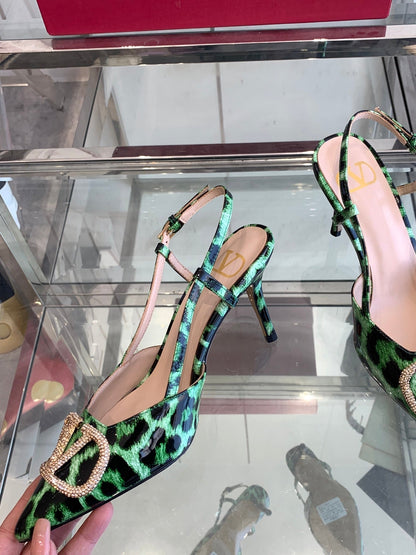 VT 25 High Heels Slingbacks Green Leopard Cowhide 292347