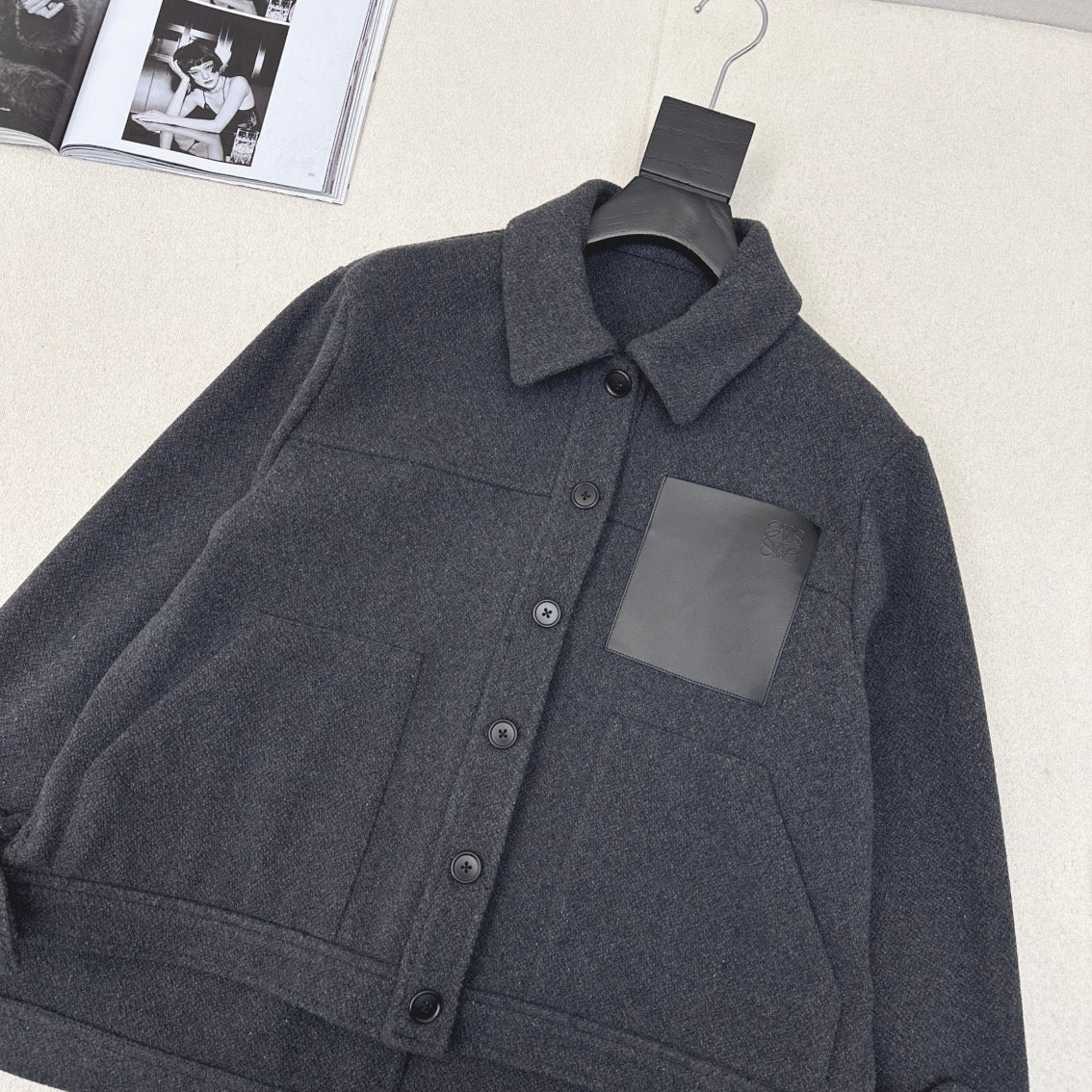 Loewe Logo Embroidered Jacket Gray Polyester Fiber