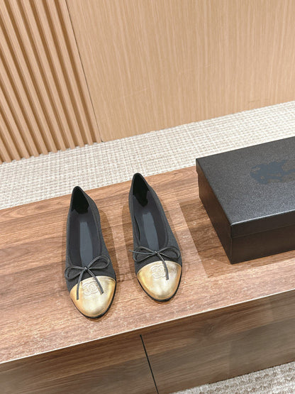 ballet flat black grosgrain gold metalic lambskin
