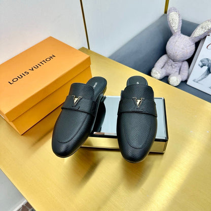 LV 25C LV Capri Open Back Loafer Black Wrinkled Cowhide 219926