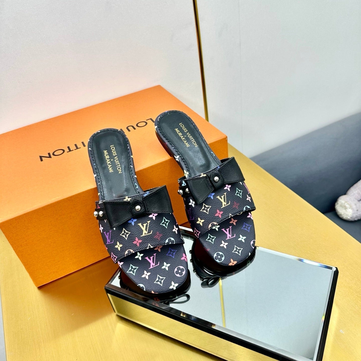 LV 25C LV x TM 6AM Flat Mule Black Bow Black with Monogram Multicolore Leather 219950