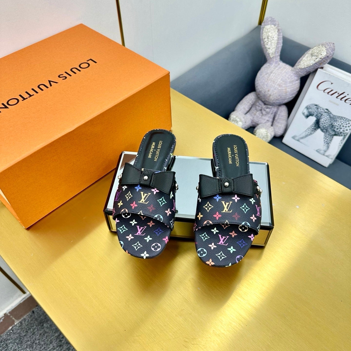 LV 25C LV x TM 6AM Flat Mule Black Bow Black with Monogram Multicolore Leather 219950