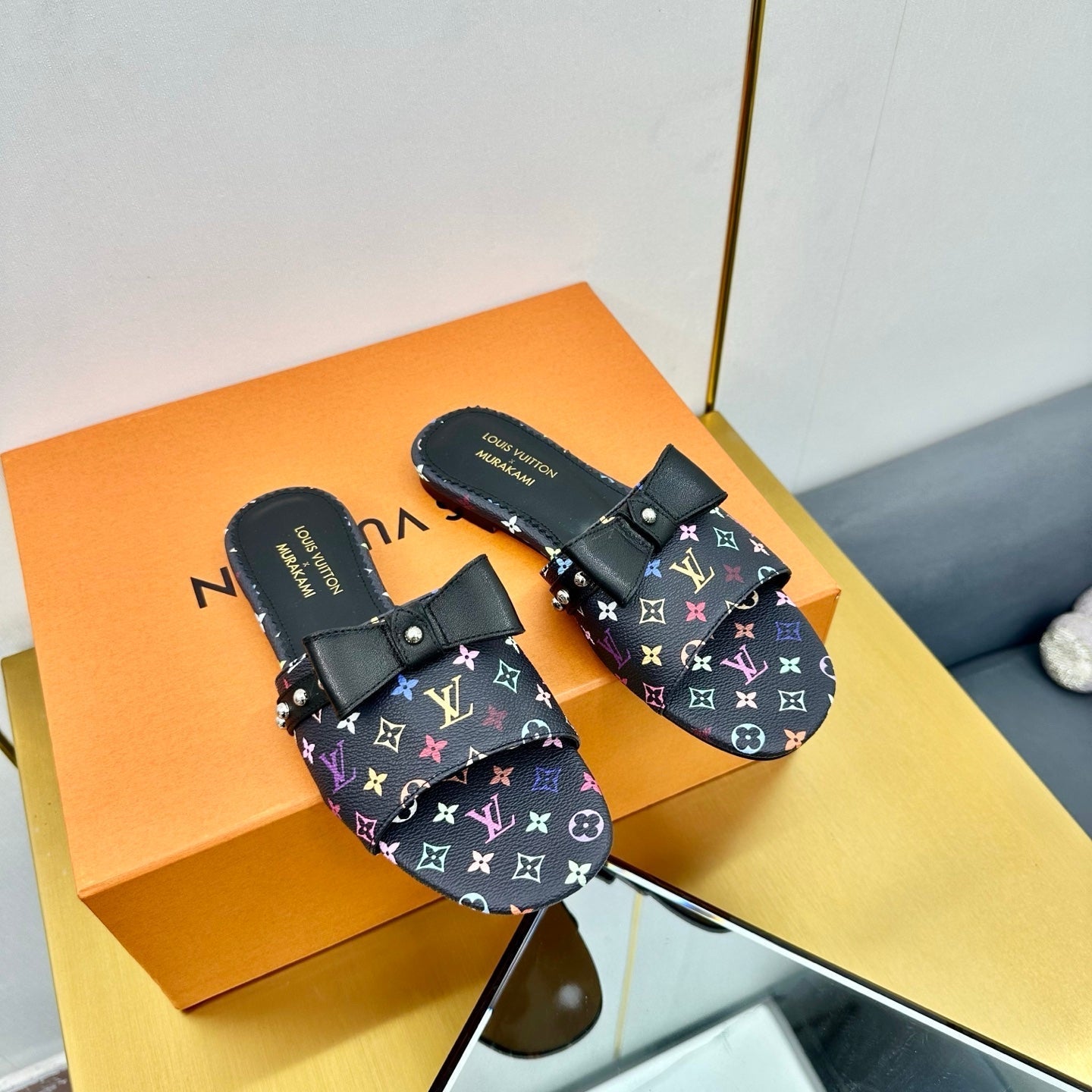 LV 25C LV x TM 6AM Flat Mule Black Bow Black with Monogram Multicolore Leather 219950