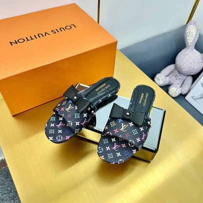 LV 25C LV x TM 6AM Flat Mule Black Bow Black with Monogram Multicolore Leather 219950