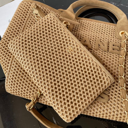 CC 25 Deauville Tote Bag 34cm Beige Crochet Suede