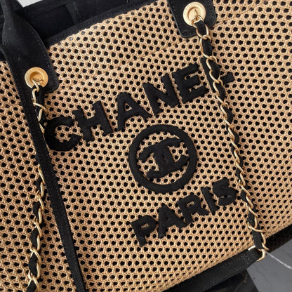 CC 25 Deauville Tote Bag 38cm Beige Black Crochet Suede