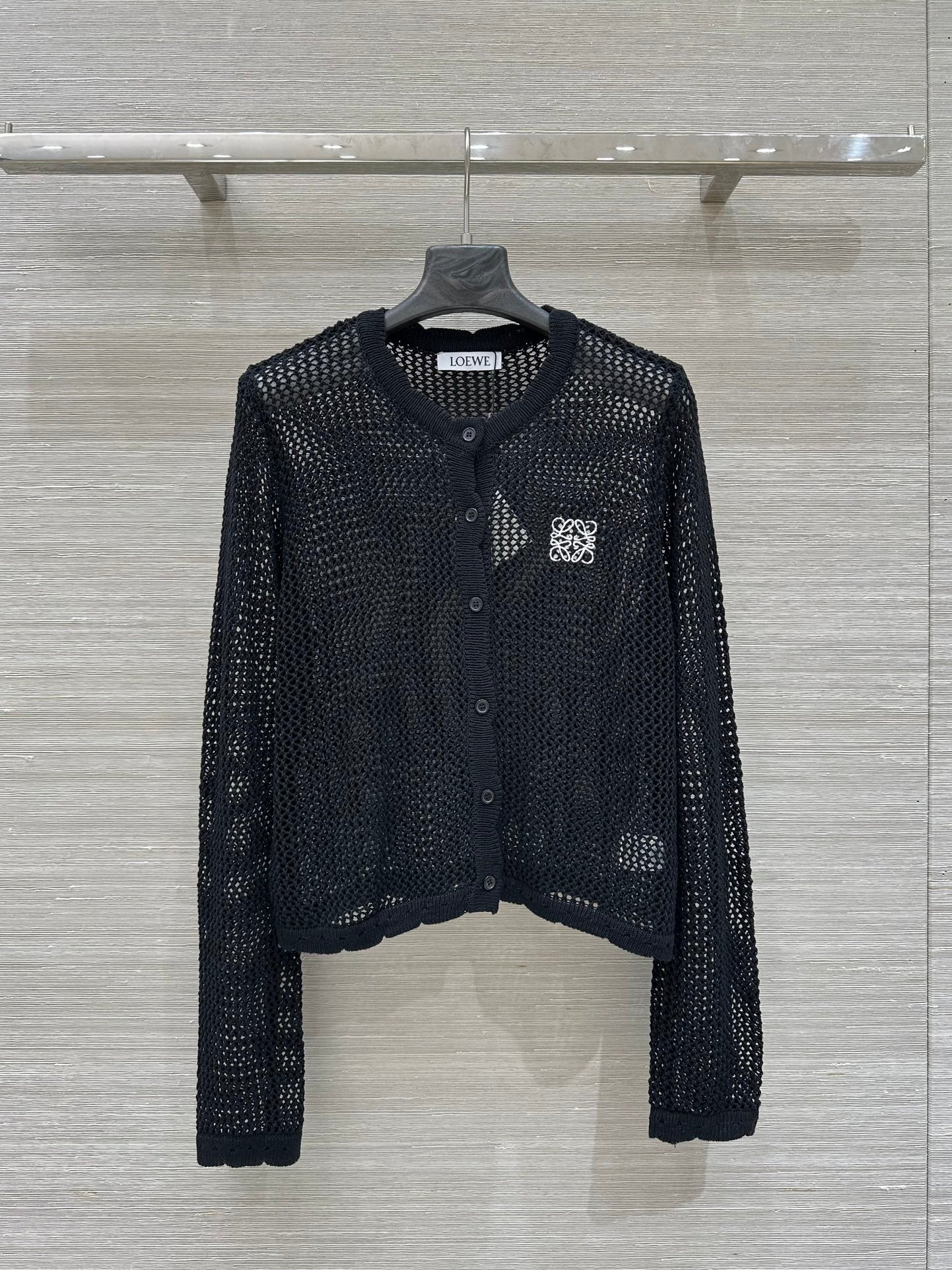 Loewe 25 Mesh Hollow Knitted Cardigan Black Wool
