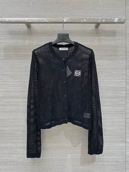 Loewe 25 Mesh Hollow Knitted Cardigan Black Wool