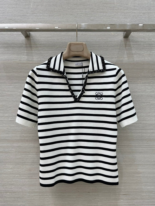 Loewe 25 Striped Knitted Polo Short-sleeved Top White Tencel