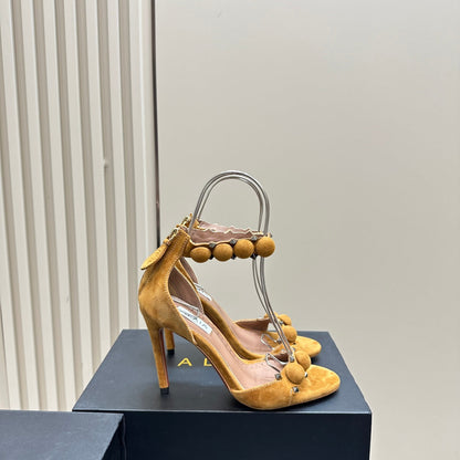 ALAIA HIGH HEEL SANDAL 10 CM IN DIJON YELLOW SUEDE