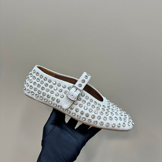 Alaia Strass Suede Ballet Flats In White 999322
