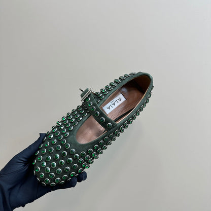 Alaia Strass Suede Ballet Flats In Dark Green 999318
